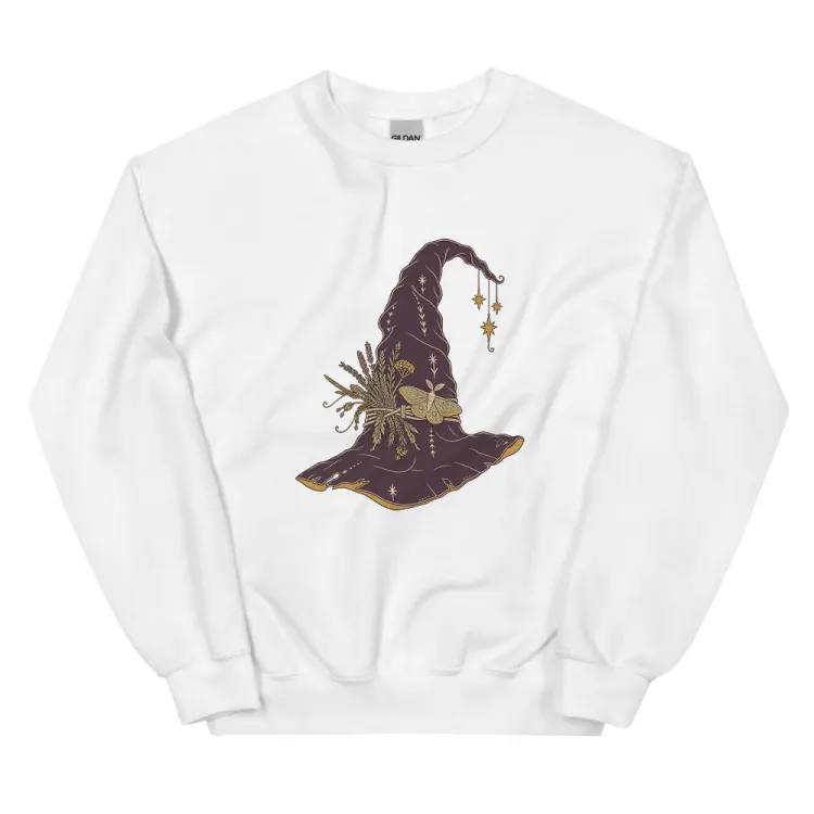 The Hat, Pointed, Witch's Crewneck in White.