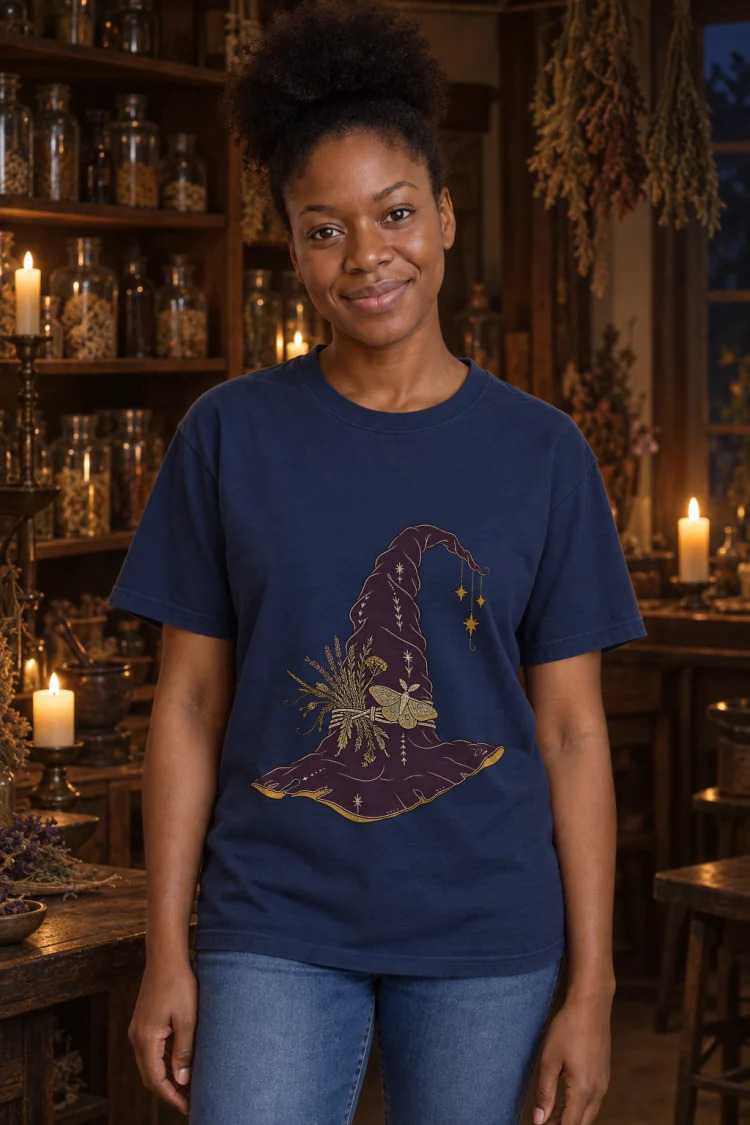 AI-generated image of a fictional model wearing the Hat, Pointed, Witch's Tee in True Navy, size S, at 5′3″ tall.