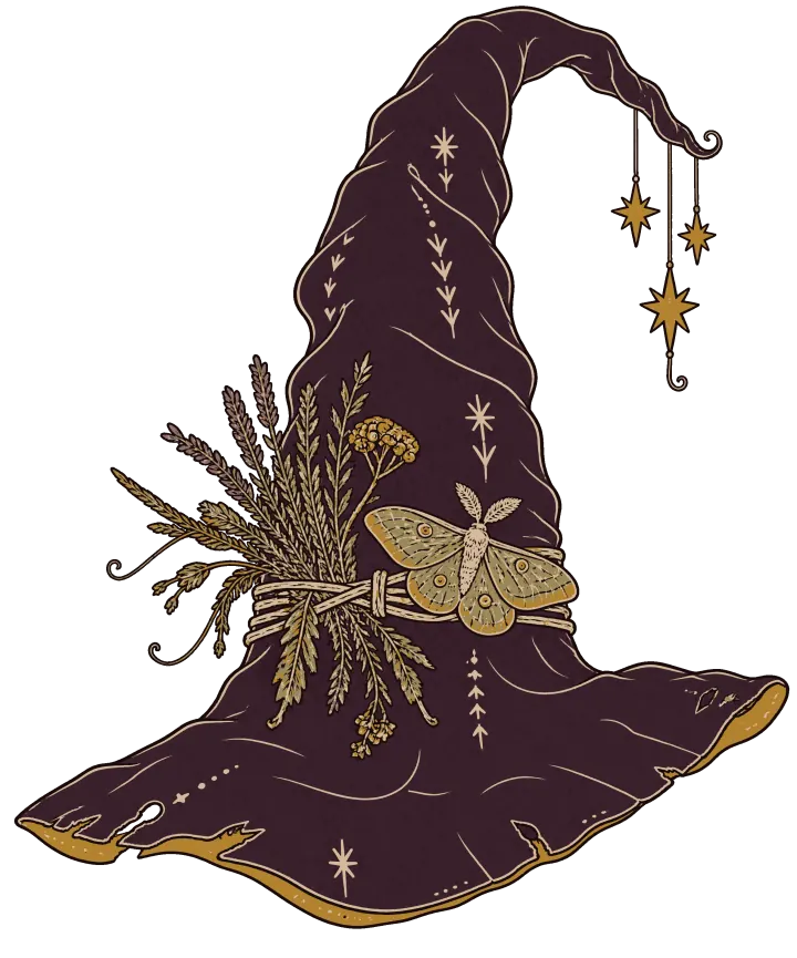 Print artwork: one tall, crooked plum witch's hat with a worn, torn brim edged in gold, drawn like a specimen. A bundle of dried herbs and grasses is tied around its band with a green moth pinned to it, and three small gold stars hang on threads from its bent tip.