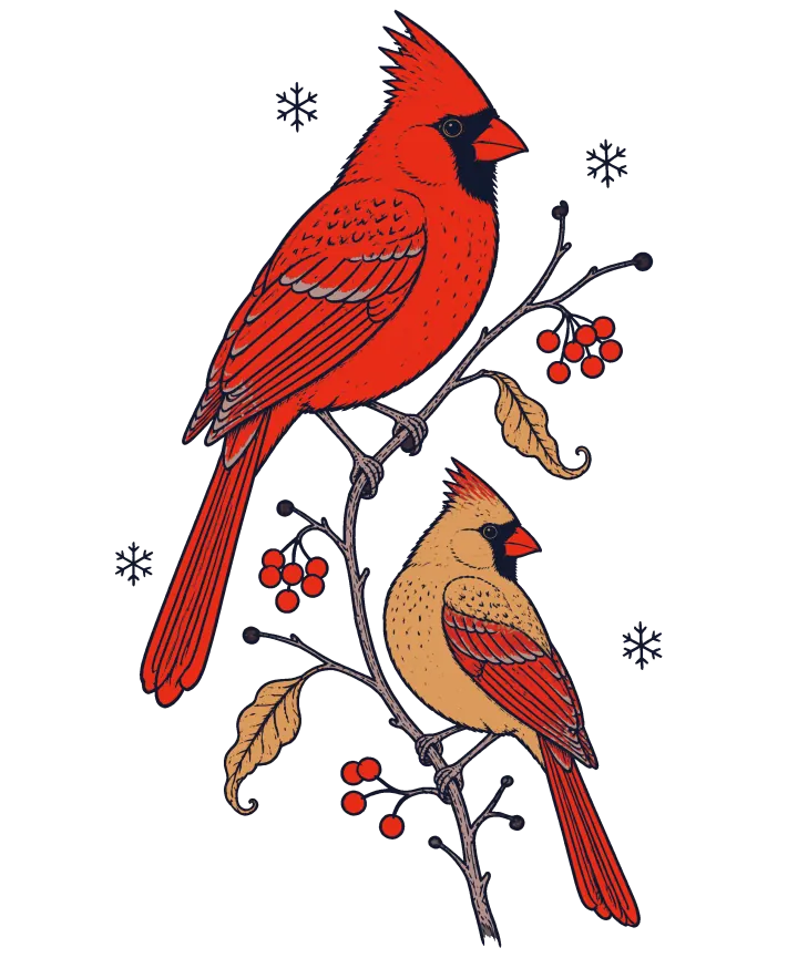 Print artwork: a red male northern cardinal with a raised crest and a black mask perched high on a bare winter branch, and below him the tan female, with red on her crest, wings and tail. The branch carries small clusters of red berries and two curled dry leaves, and a few small snowflakes float around the birds.