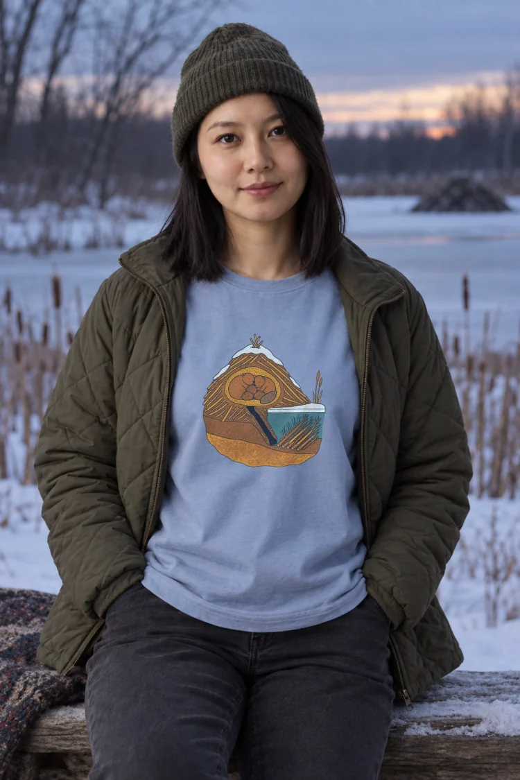 AI-generated image of a fictional model wearing the Beaver in Winter Tee in Washed Denim, size M, at 5′3″ tall.