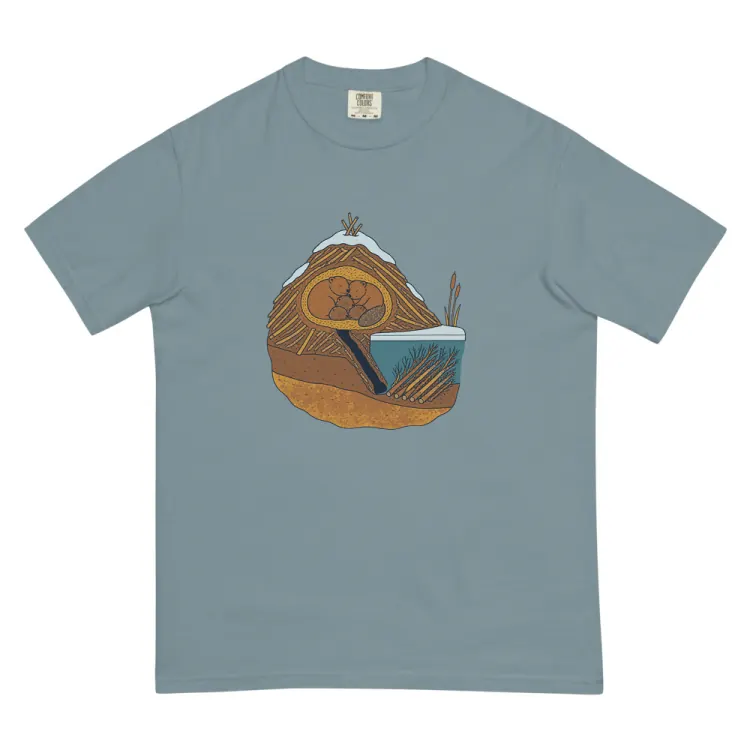 The Beaver in Winter Tee in Ice Blue.