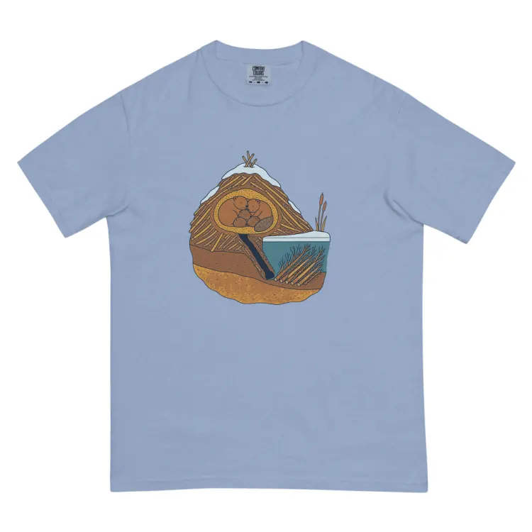 The Beaver in Winter Tee in Washed Denim.
