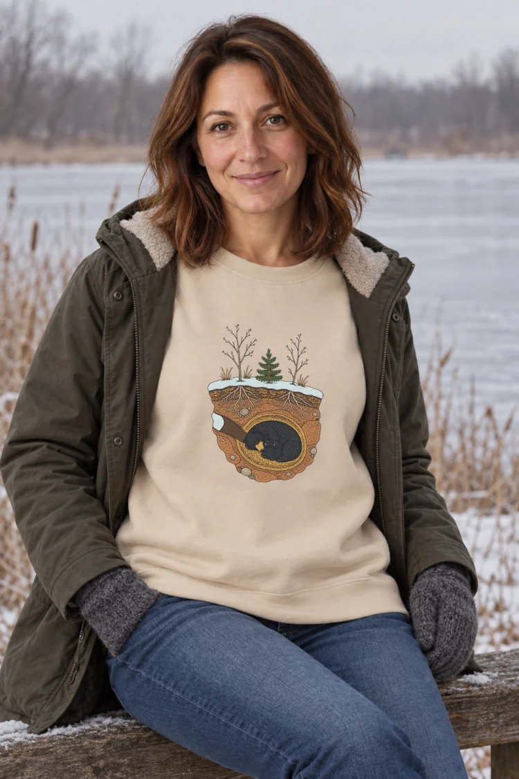 AI-generated image of a fictional model wearing the Black Bear in Winter Crewneck in Sand, size M, at 5′4″ tall.