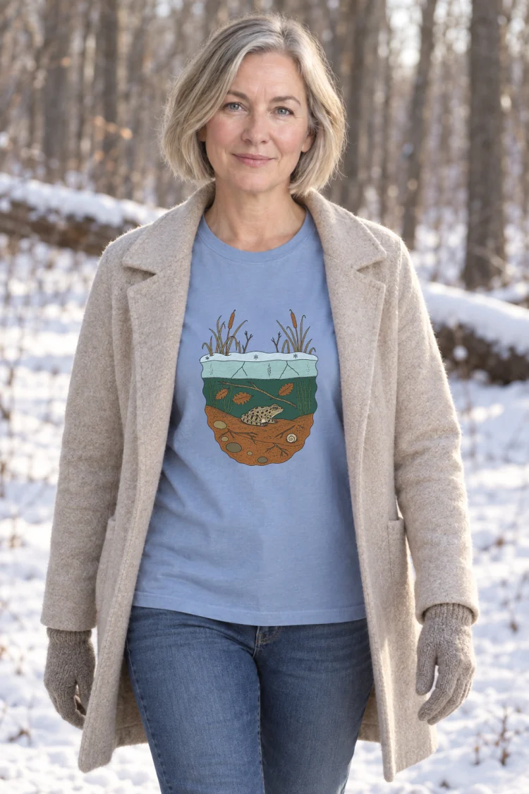 AI-generated image of a fictional model wearing the Leopard Frog in Winter Tee in Washed Denim, size M, at 5′5″ tall.