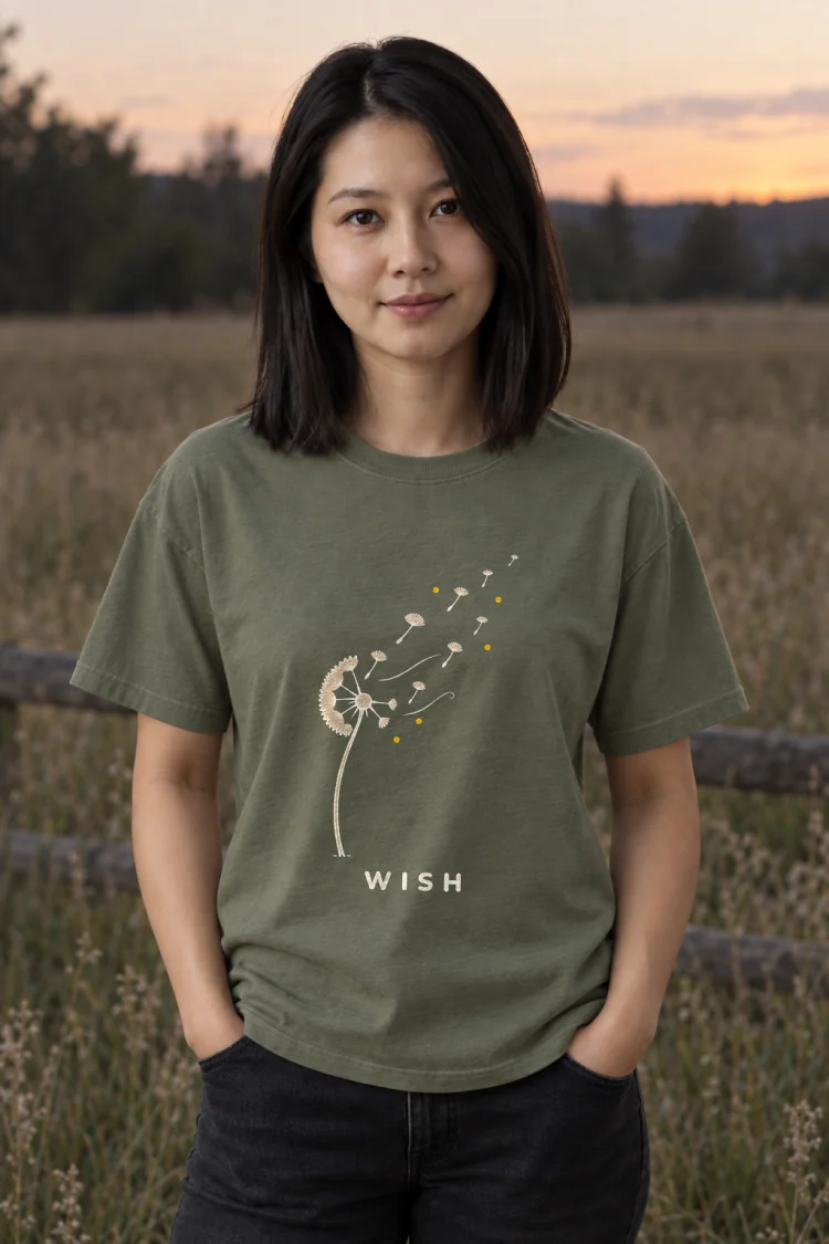 AI-generated image of a fictional model wearing the Wish Tee in Moss, size M, at 5′3″ tall.
