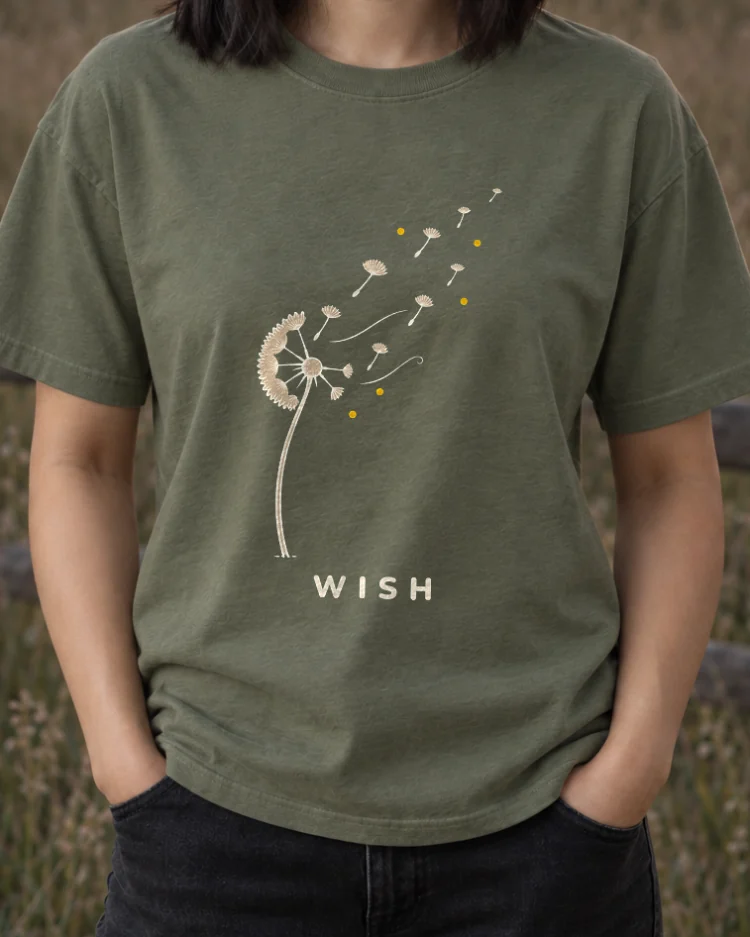 AI-generated image of a fictional model wearing the Wish Tee in Moss, size M, at 5′3″ tall, cropped to the print.