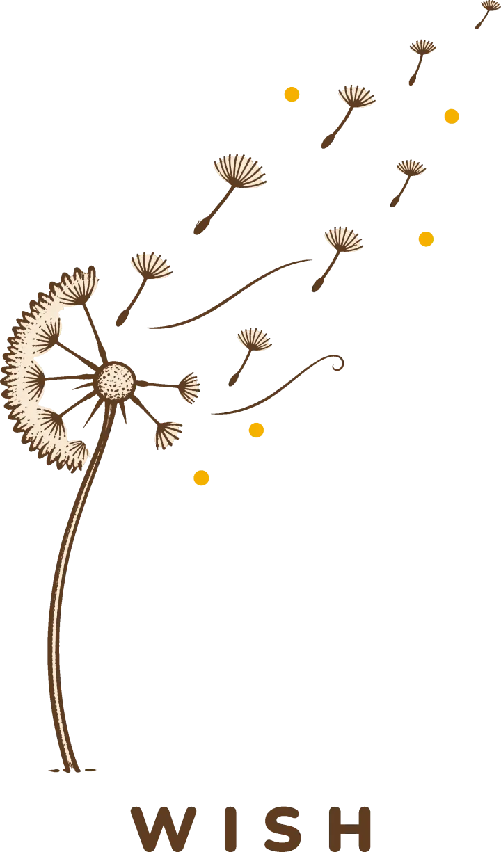 Print artwork: a dandelion clock on a slender brown stem, drawn in dark brown line. Its left side is still a full cream arc of seeds; its right side is bare, and single seeds on little parachutes drift up and away to the right on two curls of wind, with a few small yellow dots among them. Below, in spaced rounded brown capitals: WISH.