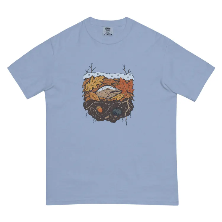 The Wood Frog in Winter Tee in Washed Denim.